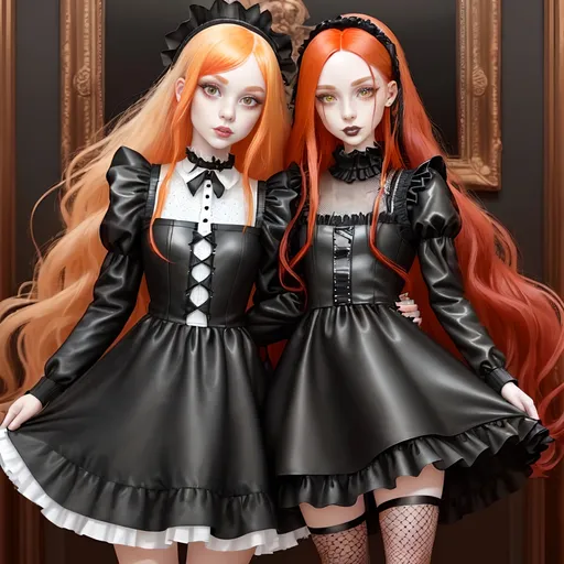 Prompt: Modern Goth style, (attractive 25-year-old) feminine petite woman), (long red hair), (freckles over the nose and cheeks), fishnet stockings (alluring soft feminine facial features), frilly and fluffy yellow and white pinafore and multi-layer petticoat dress, and black thick leather collar).