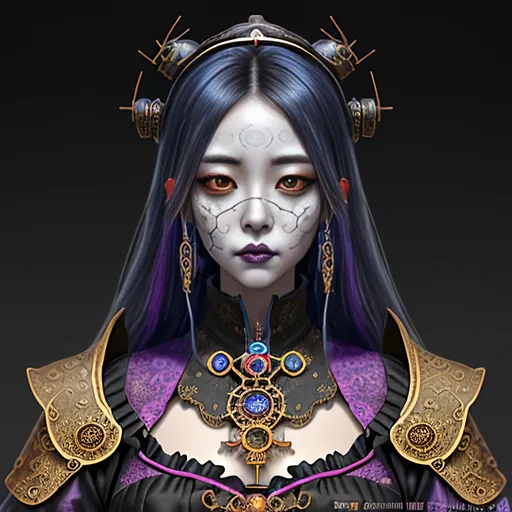 Prompt: Inimage, Create a highly detailed AI symmetrically sensuous perfect highly defined Korean, highly detailed intricate, quality medieval decaying undead fantasy priestess character, inspiring vibrant colors, steampunk style background, masterpiece:1.4, best quality:1.0, photo realistic