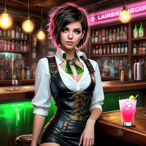 Prompt: (ultra realistic digital art), futuristic style, attractive 25-year-old feminine male, ((alluring feminine facial features)), (short black leather skirt), (white loose tank top), (black thick leather collar), short stylish hair, enticing green eyes, set in a steampunk bar, drinking a bright pink smoky beverage, gold mist swirling around her, rich textures, intricate background details, HD, cinematic quality. The rendering should achieve a level of realism that brings her to life, ensuring that her expressions and features resonate with vivid detail and authenticity.