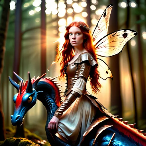 Prompt: Wide angle, photo realistic image of a gorgeous Victorian Era Faerie Warrior Woman with long flowing red hair, riding on the back of a dragon fly in a dark and forbidding forest

Golden hour warmth. Dynamic, mysterious lighting, shimmering bokeh on her skin. Free-flowing brush strokes, reminiscent of John William Waterhouse. Best quality. 8k resolution. Masterpiece. Incredible detail. Hyper-realistic vivid digital art influences. Stunning color palette. using gold Triadic colors. Cinematic film still.