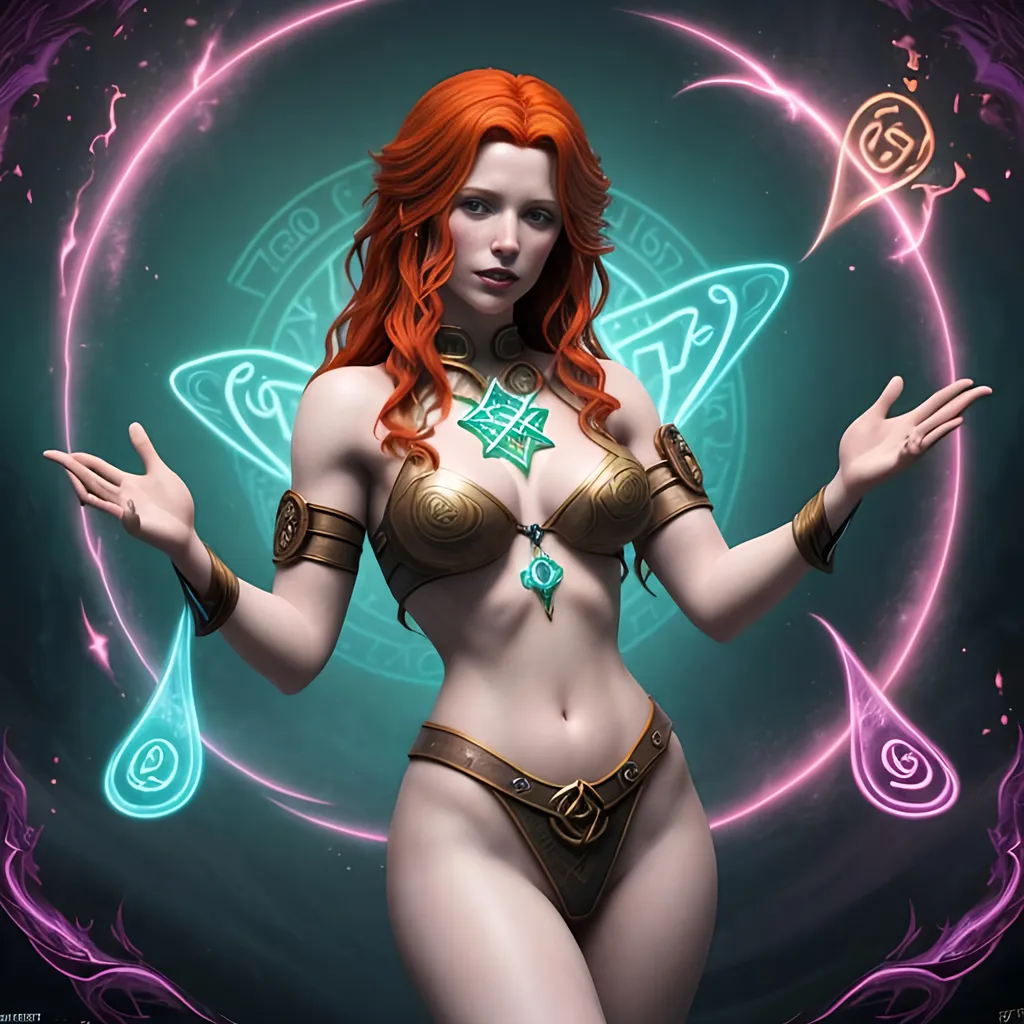 Prompt: Image of a mythical gorgeous young adult redhead sorceress with random styled hair, perfectly cute face, full luscious lips, exquisite body composition,

Using magic casting swirling 3D Celtic rune symbols and 3D colorful spells, surrounded by the magical weaves,

Image taken with a wide landscape lense, ISO 200, Splash art, trending on artstation, dark fantasy art, hyper realistic, super detailed, 8k, high quality, trending art, trending on artstation, sharp focus, studio photo, perfect lighting and shadows.