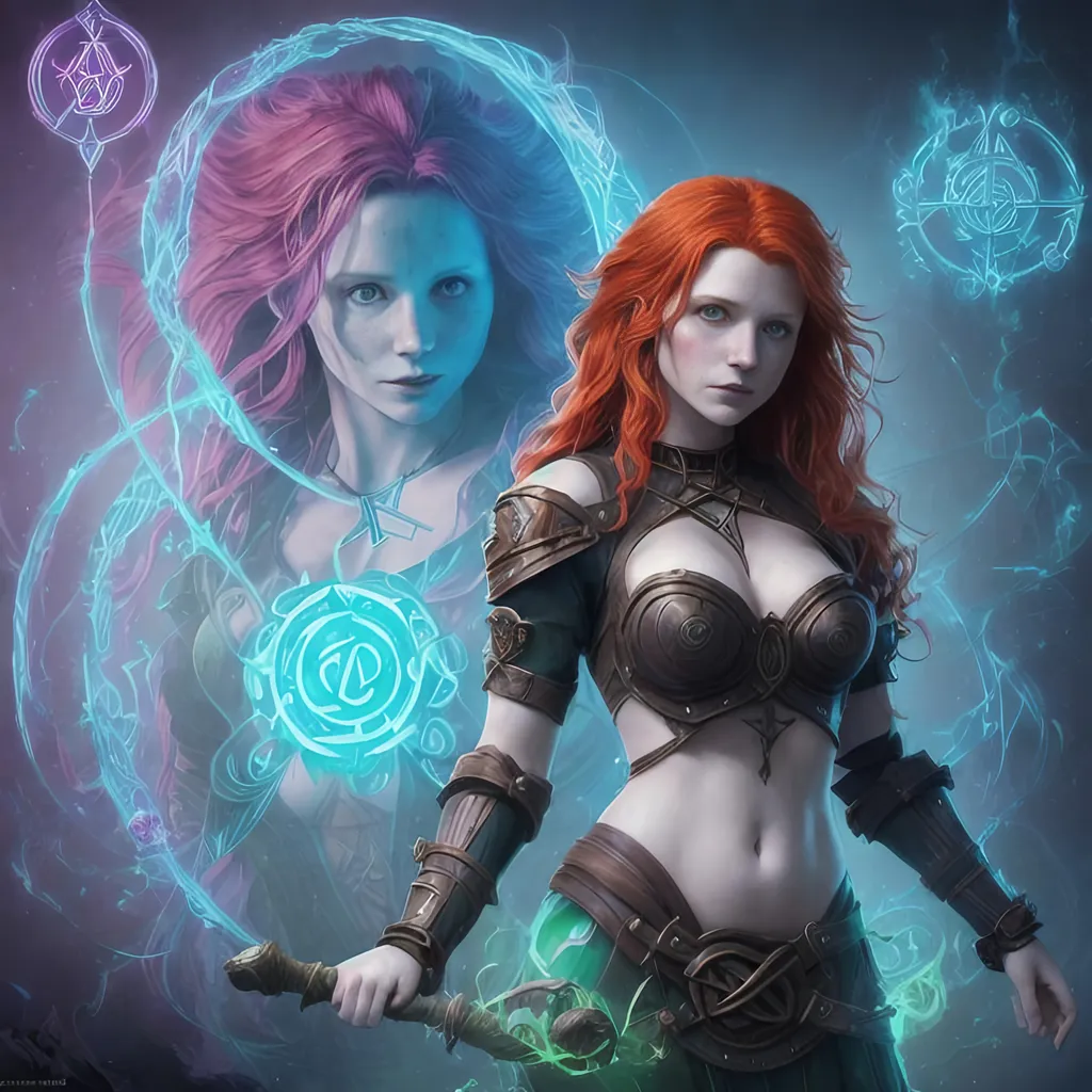 Prompt: Image of a mythical gorgeous young adult redhead sorceress with random styled hair, perfectly cute face, full luscious lips, exquisite body composition, eyelids tightly sewn shut,

summoning wild magic with swirling 3D Celtic rune symbols and 3D colorful spells, surrounded by the magical weaves,

Splash art, trending on artstation, dark fantasy art, hyper realistic, super detailed, 8k, high quality, trending art, trending on artstation, sharp focus, studio photo, perfect lighting and shadows.