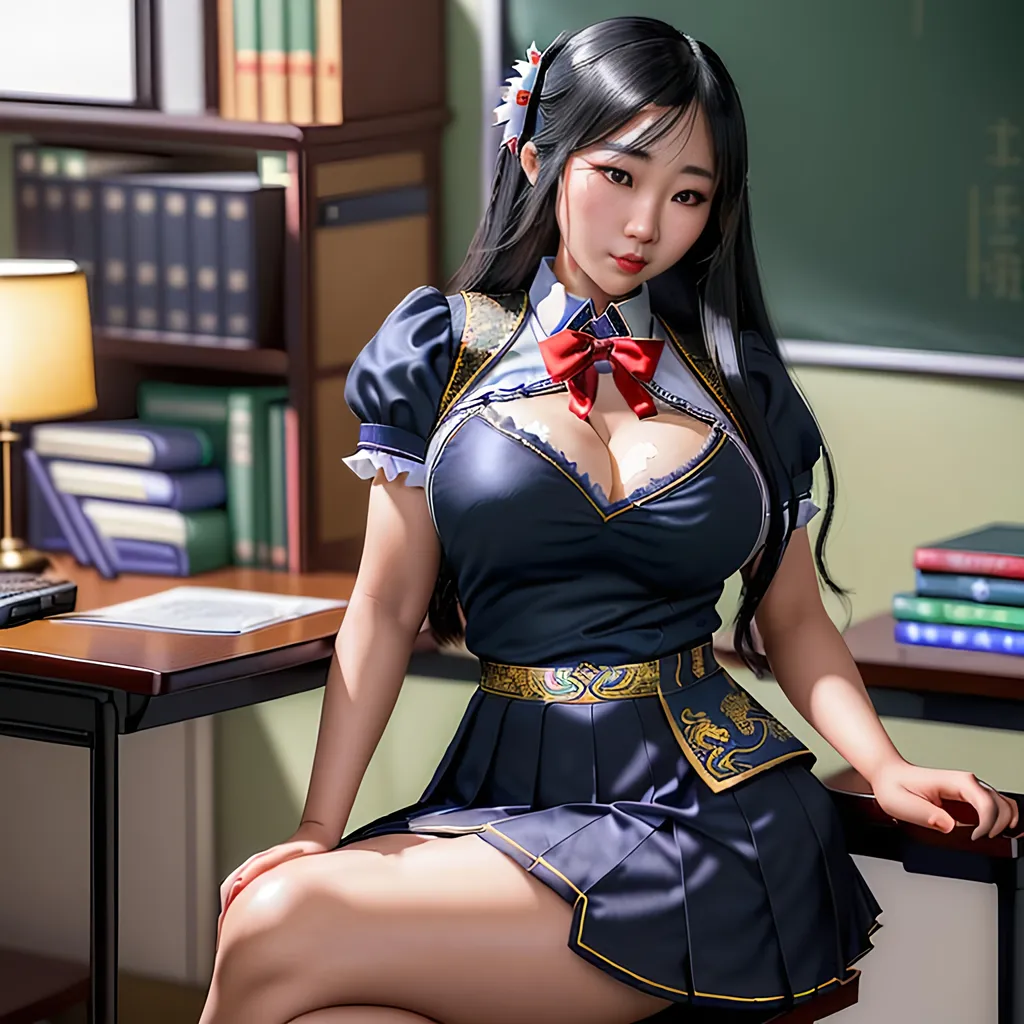 Prompt: Create a highly detailed AI defined image of a highly detailed beautifully stunning ample cleavage fantasy adult ultra cute, finely detailed Asian woman wearing an alluring, enticing school uniform, in a fictional college dorm room, 

wide landscape lense, ISO 500, Aperture f/22, APS-C, Splash art, dark fantasy art, stunning bokeh, cinematic lighting and scale, super detailed, 64k, high quality perfect lighting,