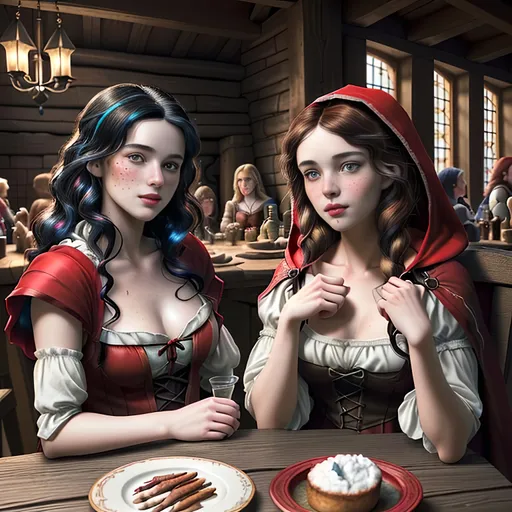 Prompt: Create the Image of a gorgeous young adult Brothers Grimm depiction of young adult "Red Riding Hood", young adult "Snow White" and young adult "Gretel" with random natural hair colors, perfectly detailed cute face, full luscious lips, natural freckles, perfect body composition,

meeting in a tavern, sitting at a table drinking mead,

hyper realistic, super detailed, 8k, high quality, trending art, trending on artstation, sharp focus, studio photo, perfect lighting and shadows.