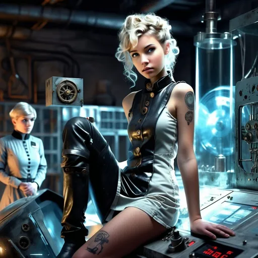 Prompt: (futuristic sci-fi style), scientists lab background, A 25-year-old full body ultra petite (small petite male like chest, feminine body, person), (curly wavy hair, random length hair), (soft boyish facial features), exquisitely small waist, (black steel collar) (the woman is trapped inside a giant transparent full body time machine), Wearing tattered and worn steampunk style prison uniform, (frozen in place yet looking perfect), (cool color scheme), (highly detailed), (dynamic contrast between figures), (tense atmosphere), (illustrative techniques).