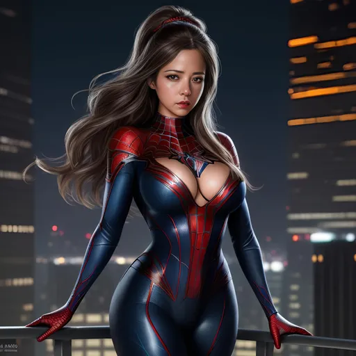 Prompt: Create a highly detailed AI defined image of a highly detailed beautifully stunning ultra cute adult finely detailed fantasy American woman, massive cleavage, wearing an alluring enticing skin tight Amazing Spider Man costume, standing on a city roof top, 

Award winning magazine image, cinematic lighting and scale, super detailed, 64k, high quality perfect lighting,