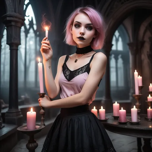 Prompt: Modern 25-year-old ultra petite woman, attractive), (short cut length hair), (soft feminine makeup), (soft feminine facial features), (slightly pink glowing skin). wearing a loose top and short skirt.

Conjuring magic and casting a spell on a man in a gothic temple lair, a multi colored mist filling the room, room filled with burning candles, holding a magical orb in outstretched hands.