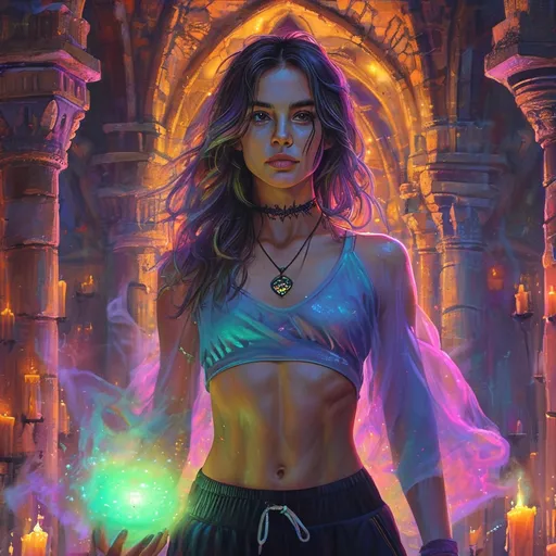 Prompt: Modern 25-year-old petite woman, attractive), (shoulder length hair), (soft feminine makeup), (soft feminine facial features). wearing a loose top and gym shorts.

Conjuring magic in a gothic temple witches lair, a multi colored mist filling the room, room filled with burning candles, holding a magical orb in outstretched hands.