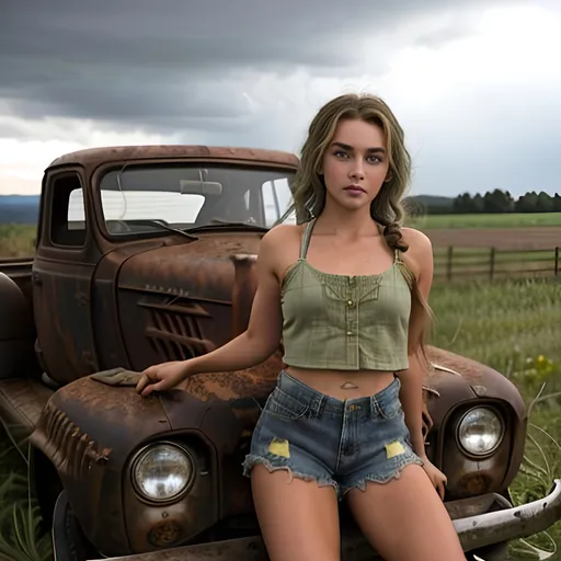 Prompt: Create the Image of a gorgeous young adult hillbilly farm girl with random natural hair and colors, perfectly detailed cute face, full luscious lips, captivating wide eyes with an alluring gaze, perfect body composition,

standing in the middle of a meadow, tight "Daisy Duke" short shorts, crop top, storm clouds on the horizon, sitting on the hood of an old rusted pick up truck in background,

hyper realistic, super detailed, 8k, high quality, trending art, trending on artstation, sharp focus, studio photo, perfect lighting and shadows.