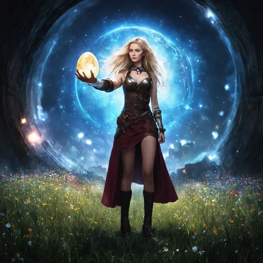 Prompt: Wide-angle, photorealistic UHD image of a determined young woman with flowing blonde hair, standing confidently near a large, glowing time portal. She extends her arm toward the viewer, cradling a mystical, luminescent really large egg, that appears almost 3D in its glow. The portal emits a soft, otherworldly light, illuminating her figure and casting dramatic shadows. Behind her, the portal reveals a dark, foreboding world that transitions sharply into a vibrant meadow filled with lush greenery and colorful blossoms, contrasted by a radiant city skyline in the distance. A soft bokeh effect in the background keeps the focus on her and the egg, while her steampunk-inspired outfit adds intricate metallic textures and subtle reflections.

Style: Inspired by fantasy art with hyper-realistic detail | cinematic lighting, intricate textures | artbook-quality splash art.