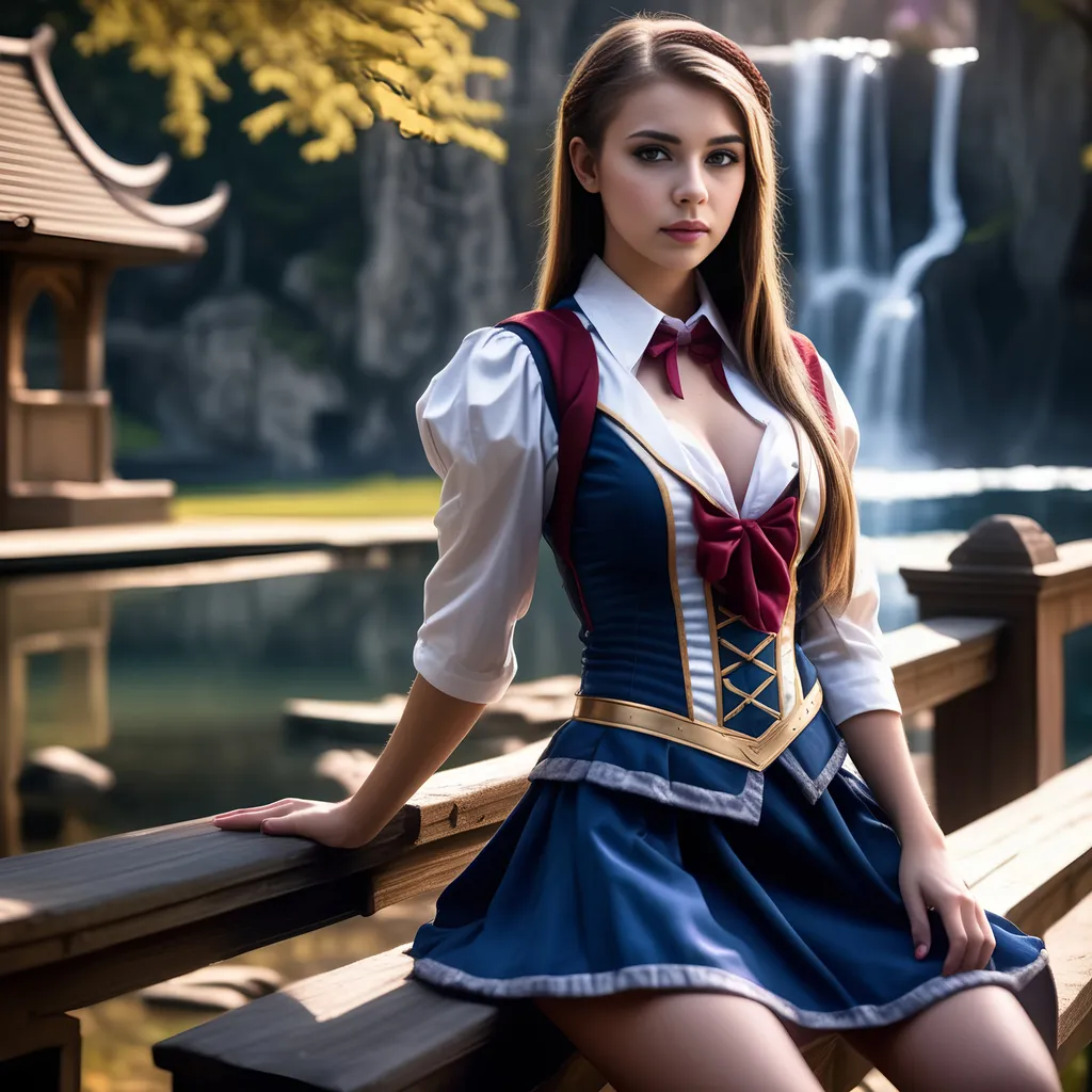 Prompt: Create a highly detailed AI defined image of a highly desirable "girl next door look" young adult college student in a fantasy uniform, ample cleavage, inspiring lustful uniform, at a unique fantasy school,

wide landscape lense, ISO 500, Aperture f/22, APS-C, Splash art, dark fantasy art, stunning bokeh, cinematic lighting and scale, super detailed, 64k, high quality perfect lighting, perfect shadows.