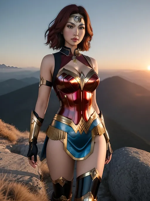 Prompt: Create a highly detailed AI defined full body image of an amazingly detailed perfect, ultra gorgeous, stunning, uber "Girl Next Door Look" Asian adult woman, short cut redhead, Wonder Woman, 

wearing steampunk style enticing futuristic battle tech, ample cleavage on display, draped in an Israeli flag. on a mountain top at sunrise,

Award winning super detailed high gloss latex, hyper detailed image, cinematic lighting and scale, super detailed, 64k, high quality perfect lighting,