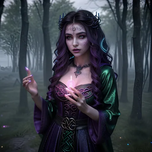 Prompt: Image of a gorgeous young adult sorceress with styled hair, perfect girl next door look, full luscious lips, perfect body composition, wearing stunning mystical robes,

summoning multiple wild magic with swirling 3D Celtic rune symbols and 3D colorful spells, surrounded by the magical weaves, on the night of the dead,

Image created using a wide landscape lense, ISO 2000, f/1.8, Splash art, trending on artstation, dark fantasy art, hyper realistic, super detailed, 8k, high quality, trending art, trending on artstation, sharp focus, studio photo, perfect lighting and shadows.