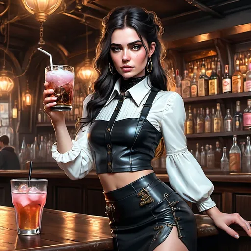 Prompt: (ultra realistic digital art), futuristic style, 30-year-old feminine male, ((alluring soft feminine facial features)), (short black leather skirt), (white loose midriff crop top), (black thick leather collar), long flowing hair, set in a dirty elaborate steampunk bar, drinking a pink extremely, gold mist swirling around her, bubbly smoky beverage, rich textures, intricate background details, HD, cinematic quality. The rendering should achieve a level of realism that brings her to life, ensuring that her expressions and features resonate with vivid detail and authenticity.