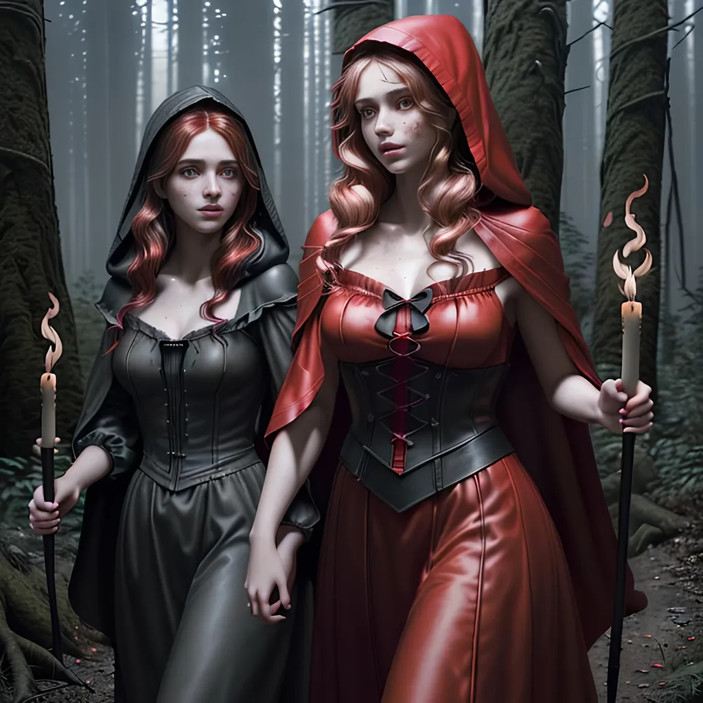 Prompt: Create the Image of a gorgeous young adult Brothers Grimm depiction of red riding hood and her young adult sister with random natural hair colors, perfectly detailed cute face, full luscious lips, natural freckles, perfect body composition,

walking in the middle of a dark dystopian forest, carrying a flaming torch to light the way,

hyper realistic, super detailed, 8k, high quality, trending art, trending on artstation, sharp focus, studio photo, perfect lighting and shadows.