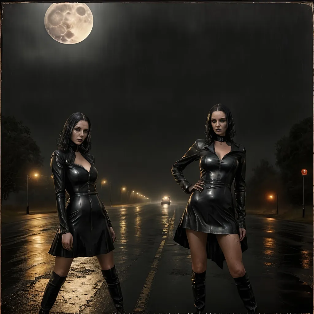 Prompt: two women in leather dresses standing on a wet road at night with a full moon in the background and a foggy sky, Bogi Fabian, gothic art, promotional image, a poster