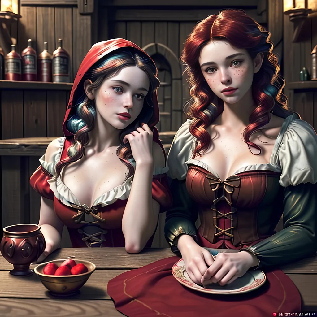 Prompt: Create the Image of a gorgeous young adult Brothers Grimm depiction of red riding hood and Snow White with random natural hair colors, perfectly detailed cute face, full luscious lips, natural freckles, perfect body composition,

meeting in a tavern at a table drinking mead,

hyper realistic, super detailed, 8k, high quality, trending art, trending on artstation, sharp focus, studio photo, perfect lighting and shadows.