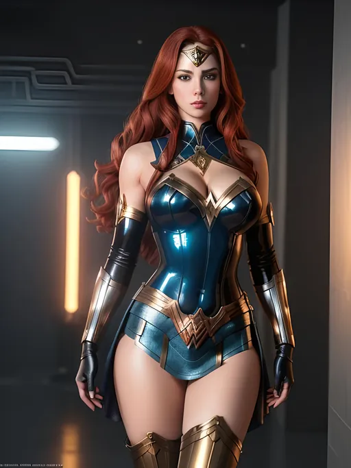 Prompt: Create a highly detailed AI defined full body image of an amazingly detailed perfect, ultra gorgeous, stunning, uber "Girl Next Door Look" adult woman, redhead, Wonder Woman, 

wearing steampunk style enticing futuristic battle tech, ample cleavage on display, draped in an Israeli flag.

Award winning super detailed high gloss latex, hyper detailed image, cinematic lighting and scale, super detailed, 64k, high quality perfect lighting,