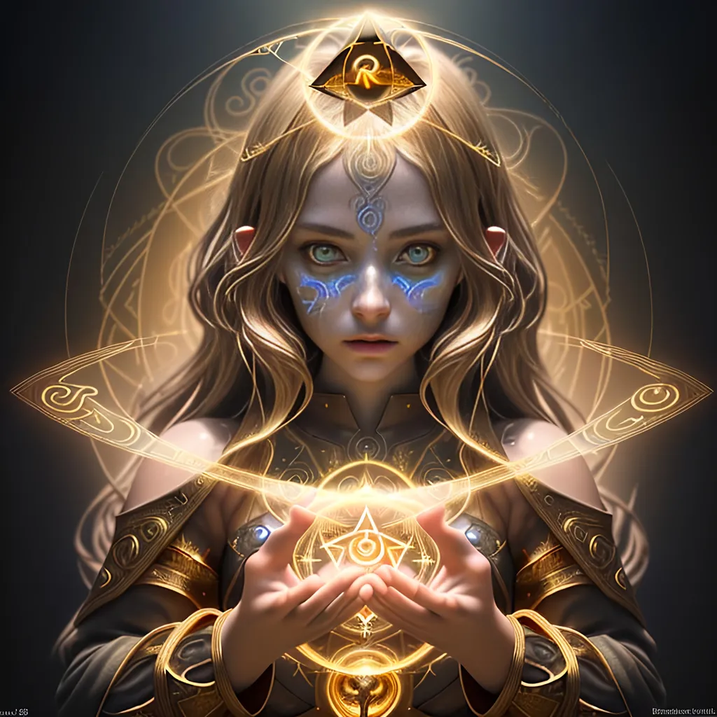 Prompt: Create a mesmerizing Image of a gorgeous young adult Rune Caster stunning Intense depiction of a girl, her face covered in complex fractal art technological motif, highlighted in light bronze and gold color, set against a contrasting light and dark detailed environment, deep piercing eyes,

summoning multiple colored wild magic swirling 3D realistic runic symbols casting light in the background and 3D realistic colorful spells, surrounded by the magical weaves, at midnight,

distorted time lapse Image, wide landscape lense, ISO 500, Aperture f/1.2, APS-C, Splash art, dark fantasy art, stunning bokeh, super detailed, 64k, high quality perfect lighting, perfect shadows.
