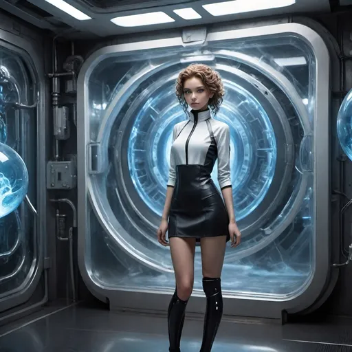 Prompt: (futuristic sci-fi style), scientists lab a full body, Modern 25-year-old ultra petite (very subtle slim feminine body, attractive), (curly wavy hair, random length hair), (soft boyish facial features), full body tattoo, exquisitely small waist, (black steel collar) , The walls are a bright white material, a dully reflective metal or plastic), (frozen in place yet looking perfect), Holding an orb of blue swirling gas, (cool color scheme), (highly detailed), (dynamic contrast between figures), (tense atmosphere), (illustrative techniques).