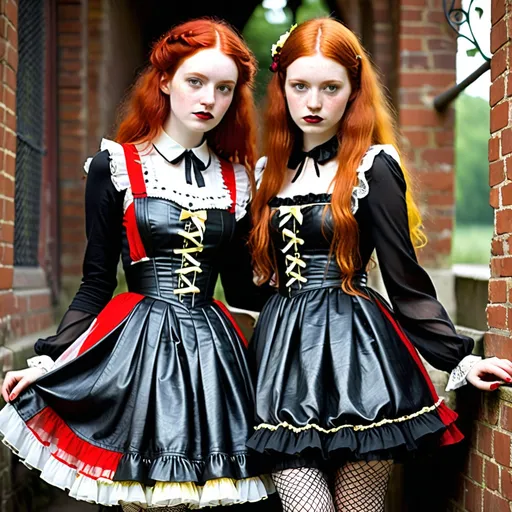 Prompt: Modern Goth style, (attractive 25-year-old) feminine petite woman), (long red hair), (freckles over the nose and cheeks), fishnet stockings (alluring soft feminine facial features), frilly and fluffy yellow and white pinafore and multi-layer petticoat dress, and black thick leather collar).