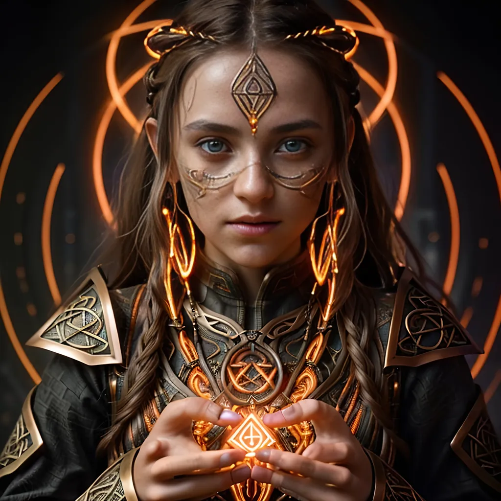 Prompt: Create a mesmerizing Image of a gorgeous young adult Rune Caster stunning Intense close-up of a girl, her face covered in complex greeble technological motifs, highlighted in light bronze and orange, set against a contrasting dark and detailed environment.

summoning multiple colors wild magic swirling 3D realistic Celtic rune symbols casting light in the background and 3D realistic colorful spells, surrounded by the magical weaves, at midnight,

distorted time lapse Image, wide landscape lense, ISO 500, Aperture f/22, APS-C, Splash art, dark fantasy art, stunning bokeh, super detailed, 64k, high quality perfect lighting, perfect shadows.