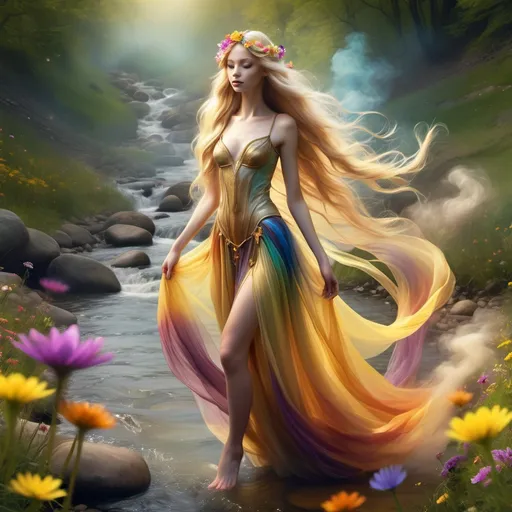 Prompt: inimage, create a photo-realistic image of a gorgeous slender faerie princess, with Knee length flowing noble gown, extra long flowing golden colored hair, made of multi-colored smoke. Standing in a meadow filled with flowers, next to a bubbling stream rushing over multi-colored river stones. Body surrounded by swirling multicolored Wisps of smoke billowing from a jewel on the noble belt wrapped tightly around her waist. Dense multi-colored smoke and fog filling the air. illuminated by soft, warm lighting that enhances textures in her clothing and height differences. Capture the realistic, enchanted atmosphere of a natural setting without shifting any character traits, focusing on lifelike textures, vivid colors, and sharp contrasts, UHD, 8k, zoom out, smooth, sharp focus, unreal engine 5, in studio lighting. In the style of a Romantic Fantasy Realm.