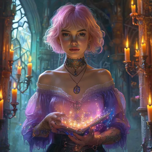 Prompt: Modern 25-year-old ultra petite woman, attractive), (short cut length hair), (soft boyish features, feminine makeup), (soft feminine facial features), (slightly pink glowing skin). wearing a loose top and short skirt.

Conjuring magic and casting a spell on a man in a gothic temple lair, a multi colored mist filling the room, room filled with burning candles, holding a magical orb in outstretched hands.