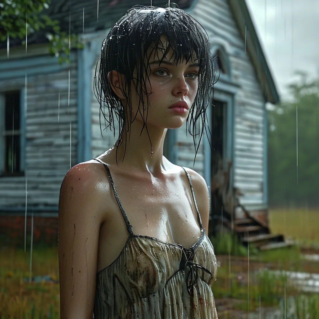 Prompt: Grungy old dirty chapel, (mood: atmospheric, haunting), young adult AI-defined ultra woman, (feminine features, messy smudged makeup), (small flat male chest), long wavy random color hair, wearing a tattered, wet summer dress, standing in the rain, leaning against a weathered light pole, dark street corner, puddles on the ground, muted colors, overcast skies, intricate details in the background, (ultra-detailed, HD).