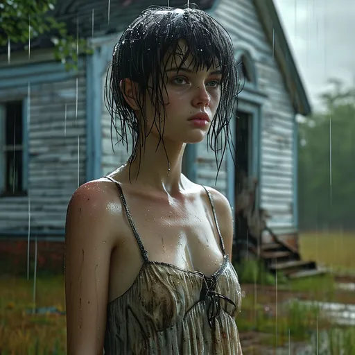 Prompt: Grungy old dirty chapel, (mood: atmospheric, haunting), young adult AI-defined ultra woman, (feminine features, messy smudged makeup), (small flat male chest), long wavy random color hair, wearing a tattered, wet summer dress, standing in the rain, leaning against a weathered light pole, dark street corner, puddles on the ground, muted colors, overcast skies, intricate details in the background, (ultra-detailed, HD).