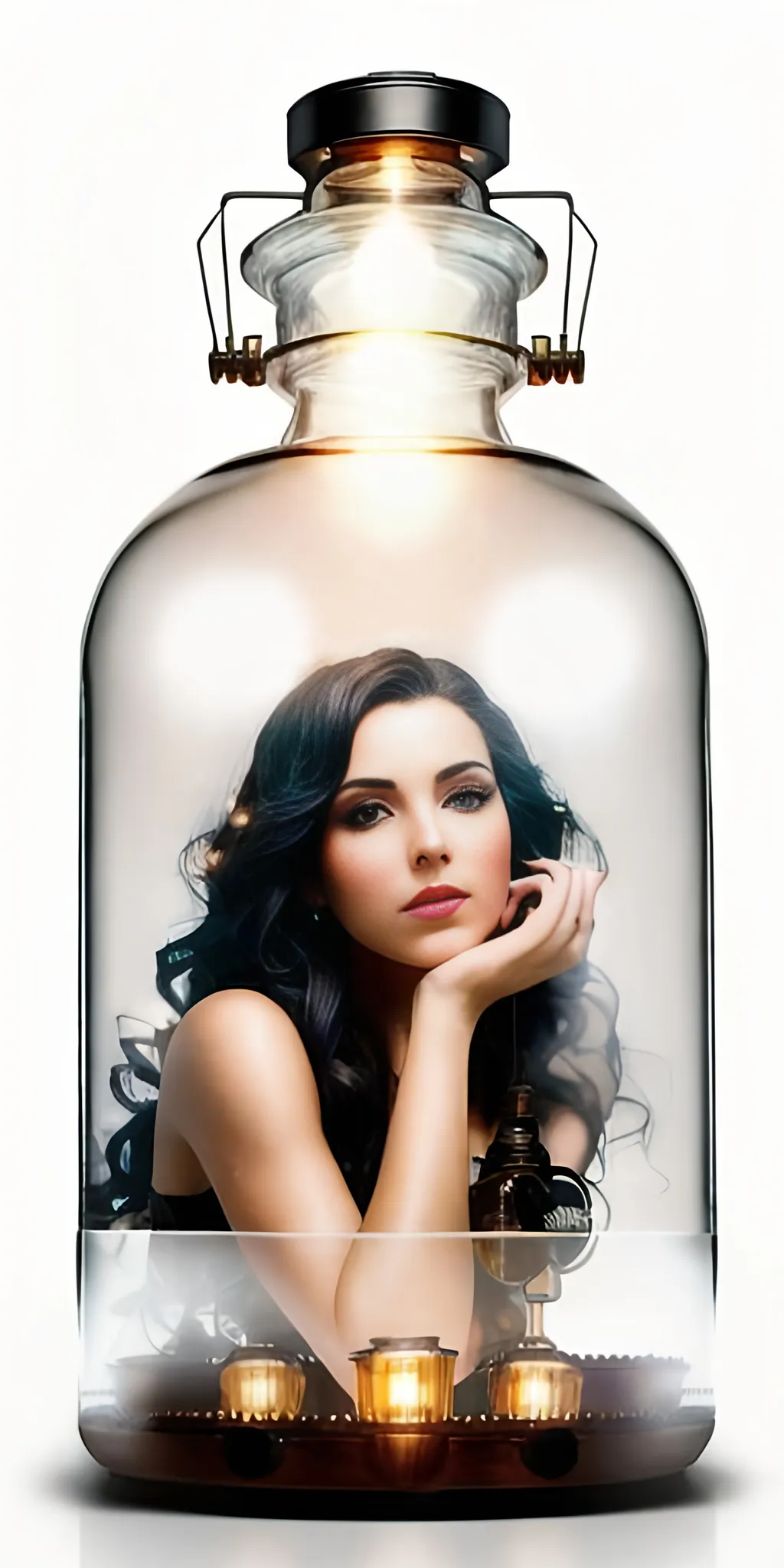 Prompt: Generate a high definition, 64K, cinematic lighting, ultra quality, ultra detailed photo realistic image of a beautiful woman stuck in a glass bottle on a steampunk bar,

ISO 500, Aperture f/22, APS-C, Splash art, dark fantasy art, stunning bokeh, cinematic lighting and scale, super detailed, 64k, high quality perfect lighting, perfect shadows.