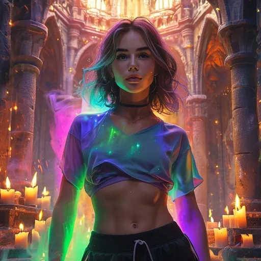 Prompt: Modern 25-year-old petite woman, attractive), (shoulder length hair), (soft feminine makeup), (soft feminine facial features). wearing a loose top and gym shorts.

Conjuring magic in a gothic temple witches lair, a multi colored mist filling the room, room filled with burning candles