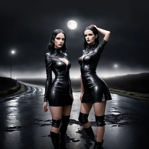 Prompt: two women in leather dresses standing on a wet road at night with a full moon in the background and a foggy sky, random pose, gothic art, promotional image, a poster