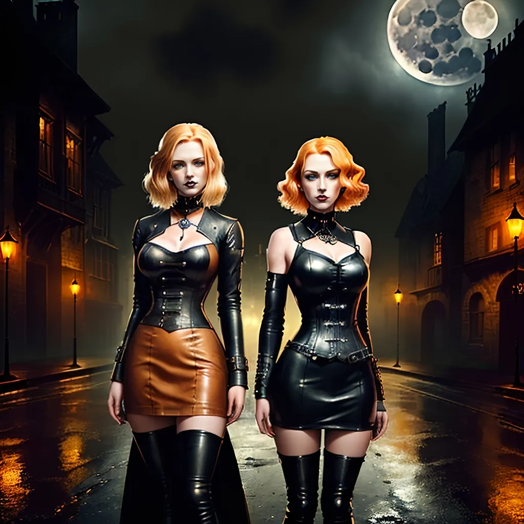 Prompt: two women in leather dresses standing in a random steampunk background on a wet road at night with a full moon in the and a foggy sky, random pose, blonde or ginger hair color, gothic art, promotional image, a poster