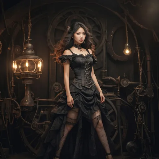 Prompt: A closeup image of a perfect 23 year old adult Asian (feminine body), ((flat chest)), skinny waist, ((random long wavy hairstyle)), open eyes, heavy ultra feminine makeup.

in a random steampunk time travel background related to the imagery

Random full body standing pose.

Wearing a super short non sexuakl intricate silk and lace ultra fluffy 5 layered petticoat and a ((Thick heavy black iron collar around neck)). 

Thoughtfully composed, hyper-realistic quality, ultra-detailed 4K imagery. dramatic cinematic lighting showing the model in an enticing manner.