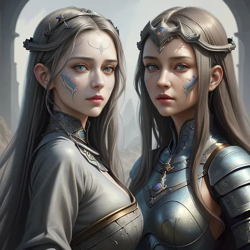 Prompt: airbrushed matte oil painting, masterpiece:1.4, best quality:1.0, photorealistic, highly detailed, medieval fantasy, character portrait, AI inspired perfect symmetrical feminine features, serene expression, in the style of modern fantasy artists
