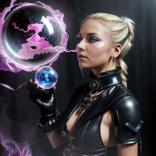 Prompt: Full body, Modern 25-year-old (ultra petite feminine body), (soft boyish facial features), (long blonde ponytail), heavy gothic makeup. Exquisitely small waist, wearing a black steampunk outfit with utility belt and thigh high boots, (black steel collar) steampunk time machine in the background, (Breaking out a very large crystal ball, pink and blue mist swirling inside). With a dream scape background

Dramatic contrasts of light and shadow,  (highly detailed), (HD), evoking a blend of elegance and technology.