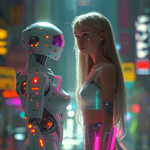 Prompt: Modern 25-year-old ultra petite woman, attractive), (long hair), (soft feminine features), (soft facial features), wearing a short top. standing next to a (robot with a glowing light on its chest), (neo-romanticism), (cybernetics), (cyberpunk art), (vibrant colors), (futuristic background), dramatic contrasts of light and shadow, time traveling (highly detailed), (HD), evoking a blend of elegance and technology.