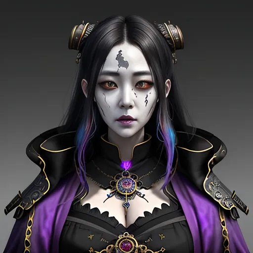 Prompt: Inimage, Create a highly detailed AI symmetrically sensuous perfect highly defined Korean, 4k movie quality medieval decaying undead fantasy priestess character, inspiring vibrant colors, steampunk style background, masterpiece:1.4, best quality:1.0, photo realistic