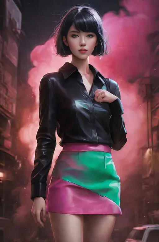 Prompt: (ultra realistic digital art), 20-year-old feminine male, (alluring soft facial features), wearing a short black leather skirt and (short green midriff blouse), (black leather collar), shoulder-length bob cut hair in an attractive random color, surround by a Pink colored smoke rising from the ground, (vibrant colors, detailed textures), (emotionally engaging essence), captivating gaze - ultra-detailed, HD quality, with a whimsical background that enhances the enchanting atmosphere.