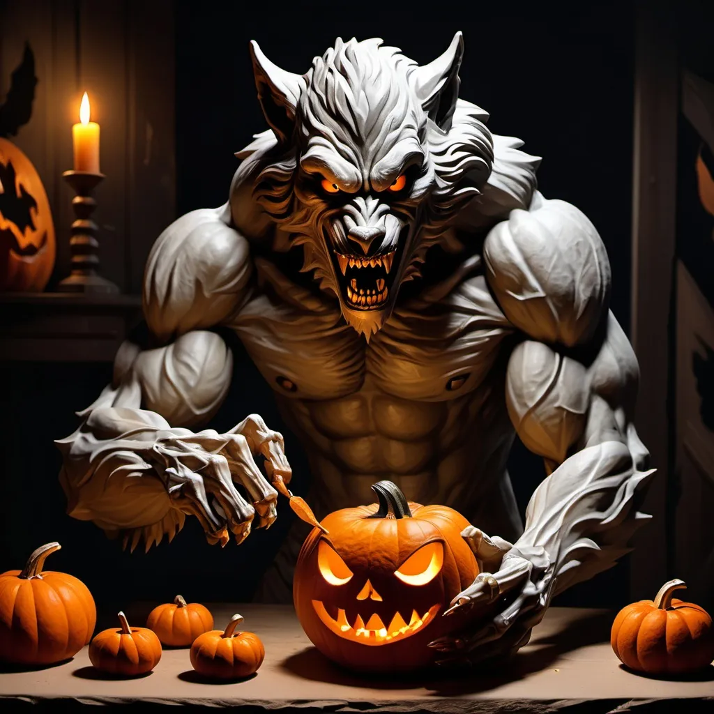 Prompt: A werewolf carving a pumpkin with his index claw of his right hand