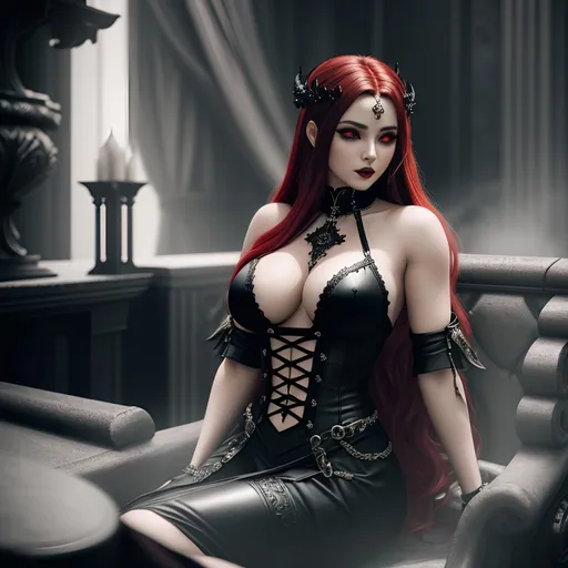 Prompt: sensuous young adult female hell, demon, light armor with ample cleavage ,long wavy red hair with black highlights, black conjunctiva with red iris, gothic style clothes , sitting on a hell throne in a gothic throne style throne room, ethereal, royal vibe, highly detailed, digital painting, Trending on artstation, Big Eyes, artgerm, cinematic 3d volumetric, distorted time lapse, wide landscape mode, ISO 1500, Aperture f/2.5, APS-C, RAW, Splash art, dark fantasy art, stunning bokeh, super detailed, 64k, high quality perfect lighting, perfect shadows.