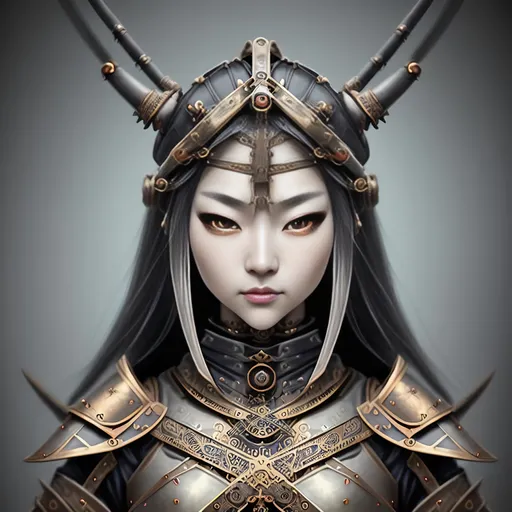 Prompt: Create a highly detailed AI inspired medieval fantasy character image, perfectly exaggerated symmetrical Asian feminine features, serene expression, in the style of highly detailed modern fantasy Ninja, steampunk influence in character and background style, airbrushed matte oil painting, amazingly vibrant majestic colors, masterpiece:1.4, best quality:5.0, photo realistic, bokeh