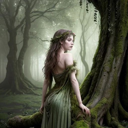 Prompt: Whimsical mythological concept art. Medium shot. A beautiful young dryad emerging from an oak tree trunk, her body covered in moss and leaves, with small oak branches morphing from her shoulders. Cinematic film still. Evocative of Arthur Rackham's watercolors. Soft, ethereal light filters through the golden canopy above. Dappled shadows dance across her skin, blending with the moss and leaves. The tree's bark seamlessly merges with her back, as if she's still a part of the trunk. Earthy tones, with splashes of vibrant green. Organic, dreamlike atmosphere. Keywords: fantasy illustration, naturalism, folklore, arboreal, transformation, mysticism, soft focus, warm color palette, high contrast, detailed textures,