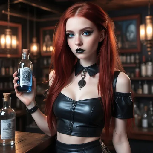 Prompt: Modern Goth style, (attractive 25-year-old) feminine petite woman), (long red hair), (alluring soft feminine facial features), (ultra short black leather skirt), white loose crop top, black thick leather collar), enticing blue eyes, captured inside a bottle, rich textures, intricate background details, HD, cinematic quality. The rendering should achieve a level of realism that brings her to life, ensuring that her expressions and features resonate with vivid detail and authenticity.