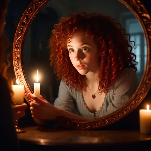 Prompt: Wide angle, photo realistic image of a dimly lit room, a small, round, ornate mirror reflects the soft glow of candlelight. The young adult woman, with wild red curls and determined eyes, sits before it, her heart racing with excitement. She takes a deep breath, then places her hand on the cool surface of the mirror. She extends her hand over the edge of the mirror, Her arm is now on the other side.

On the other side, she finds herself in a surreal world, where colors are more vivid and gravity feels lighter. The landscape shifts and dances around her, revealing enchanted forests and whimsical creatures.

What adventures await her in this mirror realm? What challenges will she face, and what truths will she uncover about herself as she explores this magical reflection of her innermost dreams?