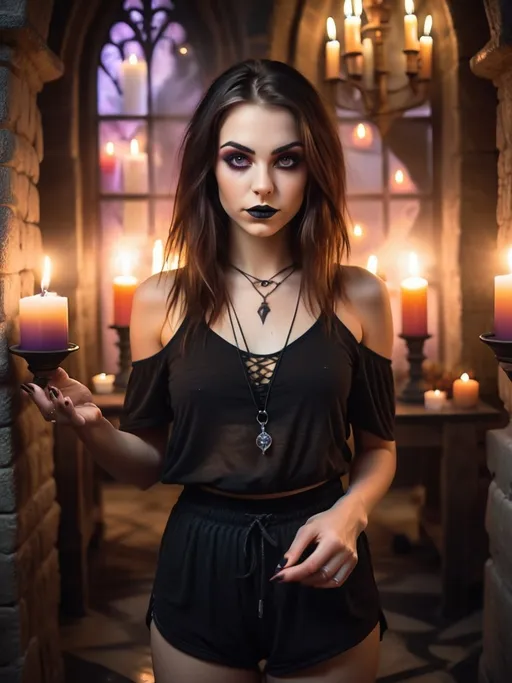 Prompt: Modern 25-year-old petite woman, attractive), (shoulder length hair), (soft feminine makeup), (soft feminine facial features). wearing a loose top and gym shorts.

Conjuring magic in a gothic temple witches lair, a multi colored mist filling the room, room filled with burning candles, holding a magical orb in outstretched hands.