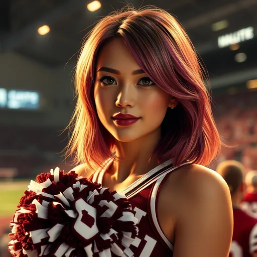 Prompt: (ultra realistic digital art), Create an adult ultra feminine and petite looking male, (wearing a cheerleader uniform), ((ultra soft petite feminine facial features, no adam's apple)), shoulder length random color hair, cheering at a college football game, warm and inviting hues, emphasizing the softness of light, creating a cozy ambiance, extraordinary detail, rich textures, atmospheric depth, high-quality image, elaborate backdrop.