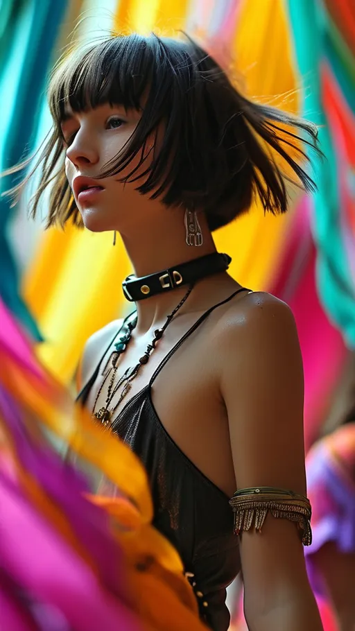 Prompt: (young adult woman with petite feminine body), (lightly masculine facial structure), medium length messy bob cut hair, colorful hair, wearing stylish male clothes, leather collar, dancing joyfully with other girls, vibrant colors, energetic ambiance, dynamic motion, fun atmosphere, (HD), ultra-detailed, whimsical background filled with flowing fabrics and abstract shapes.