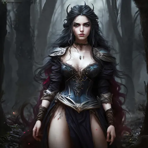 Prompt: Create the Image of a gorgeous young adult Brothers Grimm dark sorceress with random natural hair style and colors, perfectly detailed cute face, full luscious lips, captivating wide eyes with an alluring gaze, perfect body composition,

standing in the middle of a bloody battlefield,

hyper realistic, super detailed, 8k, high quality, trending art, trending on artstation, sharp focus, studio photo, perfect lighting and shadows.